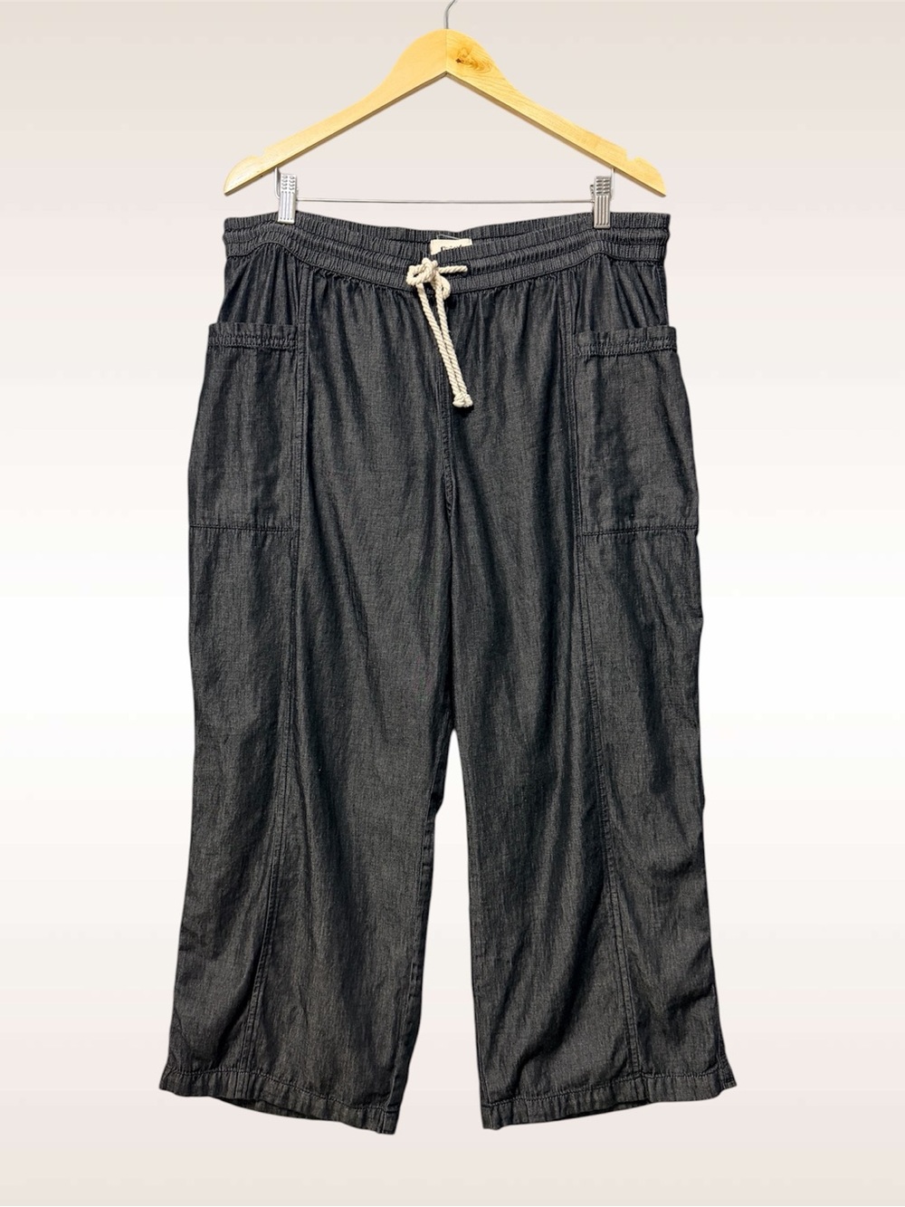 Pact Wide Leg Chambray Pants Size XL Washed Black Cropped Elastic Waist